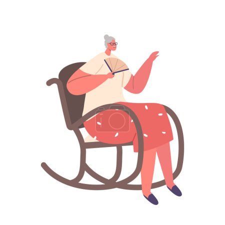 Ilustración de Mujer de edad avanzada combate el calor en el interior con un ventilador de mano de confianza, personaje femenino de edad con gracia la creación de una brisa refrescante para mantener fresco y cómodo. Dibujos animados Gente Vector Ilustración - Imagen libre de derechos