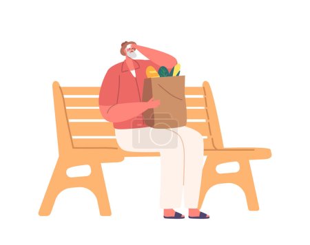 Illustration for Senior Man Grimaces, Feeling Uncomfortable On A Bench Under Scorching Heat, Old Male Character Seeking Respite From The Unforgiving Weather. Cartoon People Vector Illustration - Royalty Free Image
