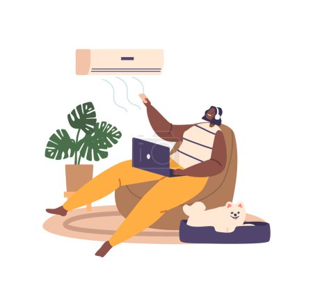 Illustration for Woman Combats Heat At Home With A Conditioner, Satisfied Female Character Ensuring A Cool And Comfortable Environment at Home During Hot Weather. Cartoon People Vector Illustration - Royalty Free Image