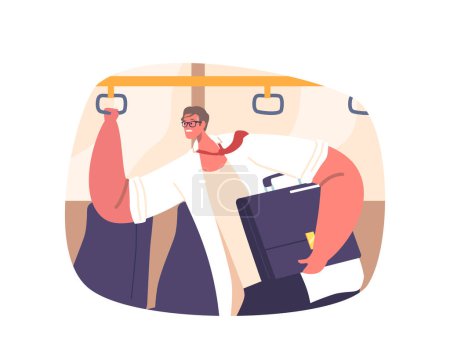 Illustration for Uncomfortable Man Riding On Hot Bus at Work, Sweating And Feeling Distressed Due To The Intense Heat, Male Character Longing For Relief And Fresh Air. Cartoon People Vector Illustration - Royalty Free Image