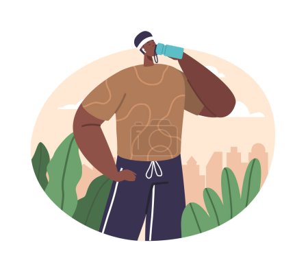 Illustration for Black Sportsman Character Hydrates Outdoors During A Run, Replenishing Fluids To Maintain Performance And Prevent Dehydration, Promoting Optimal Physical Endurance. Cartoon People Vector Illustration - Royalty Free Image