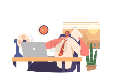 Illustration for Office Worker Character Experiencing Discomfort From Excessive Heat, Affecting Productivity And Overall Well-being. Urgent Need For Proper Ventilation Or Cooling. Cartoon People Vector Illustration - Royalty Free Image