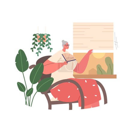 Illustration for Elderly Woman Combats Heat Indoors With A Hand Fan And Opens A Window For Fresh Air. Old Female Character Seeking Relief From The Sweltering Conditions. Cartoon People Vector Illustration - Royalty Free Image