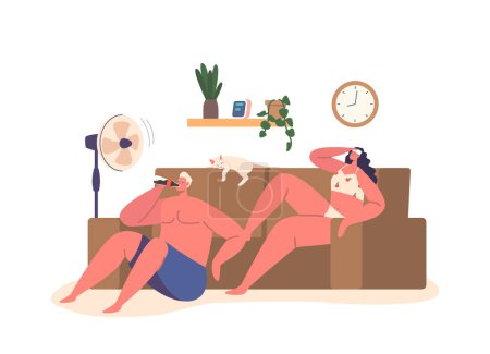 Illustration for Characters Couple Endure Scorching Heat, Seeking Relief Through Hydration, And Protective Measures, Determined To Overcome The Oppressive Temperatures. Cartoon People Vector Illustration - Royalty Free Image