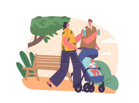 Illustration for Couple Characters Push A Baby Stroller While Enjoying A Refreshing Drink Of Water, Combining The Joy Of Parenthood With The Need For Hydration During A Walk. Cartoon People Vector Illustration - Royalty Free Image