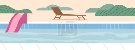 Téléchargez les illustrations : Luxueuse piscine dotée d'une glissière et d'un lit de repos confortable, parfait pour se détendre et profiter de l'eau dans le style. Arrière-plan de la piscine avec eau bleue et salon. Illustration vectorielle de bande dessinée - en licence libre de droit