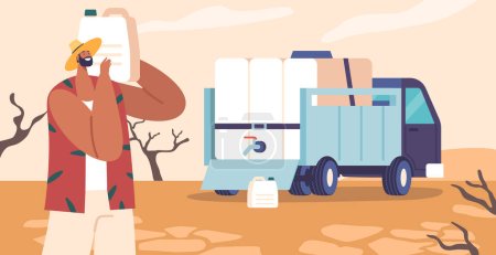 Illustration for Drought Relief Volunteer Male Character Providing Vital Water Supplies To Affected Communities, Ensuring Hydration And Support During Times Of Water Scarcity. Cartoon People Vector Illustration - Royalty Free Image