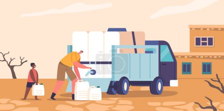 Illustration for People Suffer From Water Scarcity In Drylands Of Africa. Compassionate Volunteer Characters Provide Essential Water Relief during Ecological Disaster. Cartoon Vector Illustration - Royalty Free Image