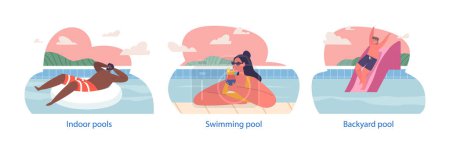 Illustration for Isolated Elements with Characters Enjoy Swimming And Relaxing In The Pool, Soaking Up The Sun, And Taking Refreshing Dips To Beat The Heat And Unwind. Cartoon People Vector Illustration - Royalty Free Image