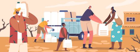 Illustration for Drought Relief Volunteer Characters Providing Crucial Water Supplies To Those Affected, Ensuring Access To This Vital Resource During Times Of Scarcity. Cartoon People Vector Illustration - Royalty Free Image