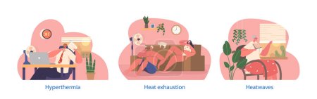 Illustration for Isolated Elements with People Endure And Battle Against Heat, Seeking Relief Through Shade, Hydration, And Protective Measures To Stay Cool And Mitigate The Discomfort. Cartoon Vector Illustration - Royalty Free Image