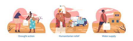 Illustration for Isolated Elements with Drought Relief Volunteer Characters Provide Vital Water Supplies, Supporting Affected Communities With Much-needed Hydration During Times Of Water Scarcity. Vector Illustration - Royalty Free Image