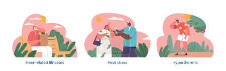 Illustration for Isolated Elements with Characters Endure Discomfort, Dehydration, Stress, Hyperthermia, Sunburns, Heat-related Illnesses, And Exhaustion during Summer Heat. Cartoon People Vector Illustration - Royalty Free Image
