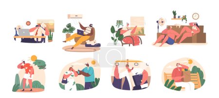 Set of Characters Endure And Combat Scorching Heat, Seeking Shade And Hydration While Battling Fatigue And Discomfort To Overcome The Oppressive Temperatures. Cartoon People Vector Illustration