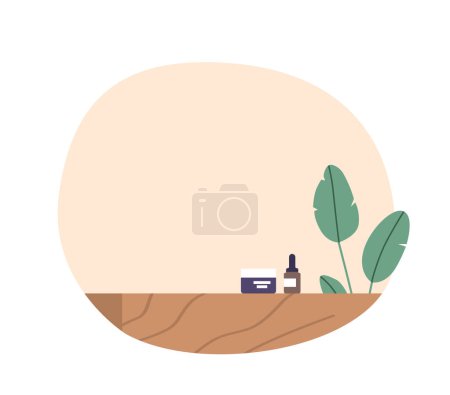 Illustration for Aesthetic Cosmetic Bottle and Cream Jar Placed On A Rustic Wooden Desk with Green Leaves, Exuding Natural And Organic Vibe, For Showcasing Beauty And Skincare Products. Cartoon Vector Illustration - Royalty Free Image