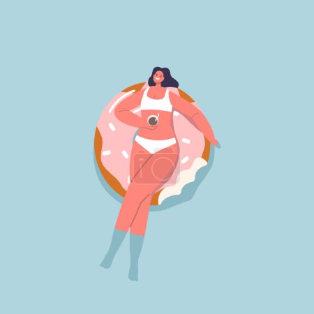 Téléchargez les illustrations : Personnage féminin en maillot de bain avec cocktail à la main Profitant de vacances d'été flottant sur anneau gonflable en forme de beigne dans l'océan ou la mer Resort, ou piscine. Illustration vectorielle de bande dessinée - en licence libre de droit