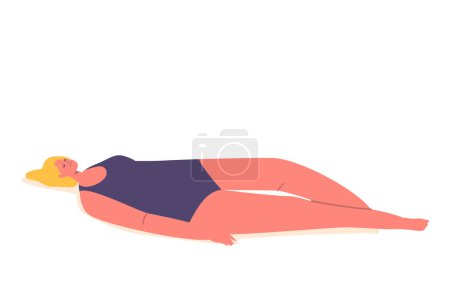 Illustration for Uncomfortable Woman Lying On The Ground In A Swimsuit, Expressing Discomfort Or Distress. Female Character Isolated on White Background. Cartoon People Vector Illustration - Royalty Free Image
