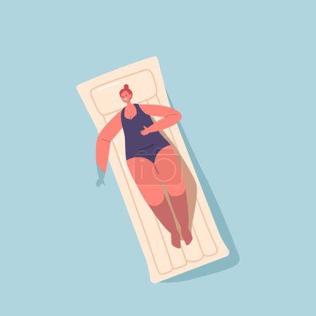 Ilustración de Personaje femenino relajado que goza de vacaciones de verano flotando en el colchón inflable del aire, tome el baño del sol y broncearse en el Resort. Hotel Relájese en la piscina, el mar o el mar. Ilustración de vectores de dibujos animados - Imagen libre de derechos