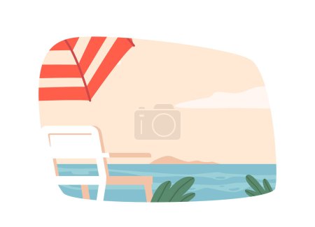 Téléchargez les illustrations : Lit de repos et parapluie au bord de la mer, meubles d'extérieur confortables pour la détente et la protection, parfait pour se prélasser en mer et profiter du soleil à Summerime Vacation. Illustration vectorielle de bande dessinée - en licence libre de droit