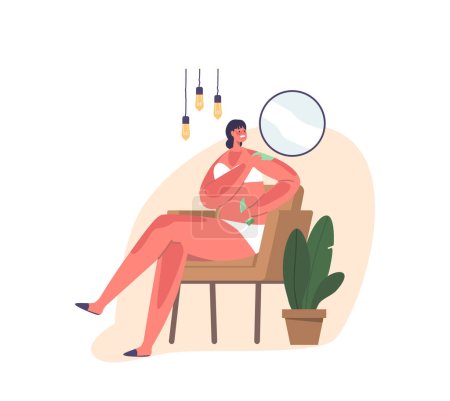 Illustration for Woman Applies Sunburn Cream To Soothe And Protect Her Skin From Sun Damage, Female Character with Damaged Skin Providing Relief And Preventing Further Discomfort. Cartoon People Vector Illustration - Royalty Free Image