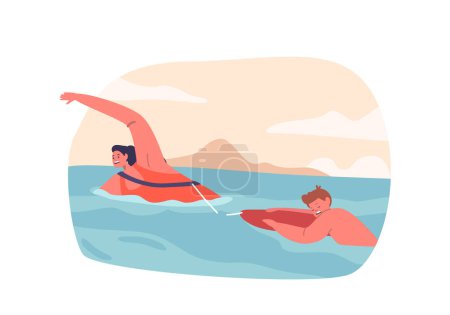 Illustration for Beach Guard Female Character Rescues Child From Water Pulling Little Boy on Buoy. Swift And Heroic Action Prevents Potential Drowning. Dangerous Situation on Water. Cartoon People Vector Illustration - Royalty Free Image