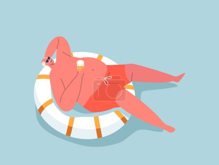 Ilustración de Resort o Hotel Relajación en Piscina. Feliz personaje masculino Relájese y flote en el océano o el mar en días festivos disfrutando de vacaciones de verano flotando en el anillo inflable. Ilustración de vectores de dibujos animados - Imagen libre de derechos