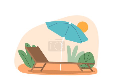 Téléchargez les illustrations : Paysage pittoresque avec lit de jour confortable et parapluie se prélasser sous le soleil. Entouré de feuilles vertes luxuriantes, il offre un endroit serein et accueillant pour se détendre et profiter de la nature. Illustration vectorielle de bande dessinée - en licence libre de droit