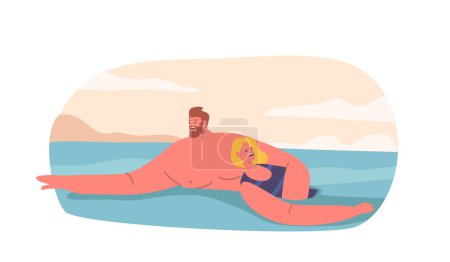 Illustration for Man Lifeguard Rescues Drowning Woman, Displaying Strength, Courage, And Quick Thinking. His Actions Save Character Life Embodying The Essence Of Bravery And Heroism. Cartoon People Vector Illustration - Royalty Free Image