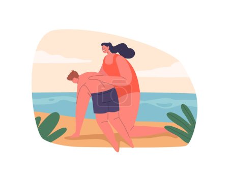 Illustration for Beach Guard Female Character Providing Crucial First Aid To A Child, Ensuring Immediate Medical Assistance And Safety In A Critical Situation on the Beach. Cartoon People Vector Illustration - Royalty Free Image