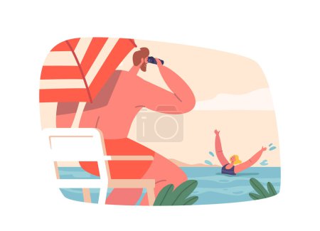 Ilustración de Situación peligrosa en la playa Concepto con salvavidas Hombre personaje sentado bajo paraguas Mira en prismáticos en Sandy Shore viendo ahogamiento Mujer en el mar. Dibujos animados Gente Vector Ilustración - Imagen libre de derechos