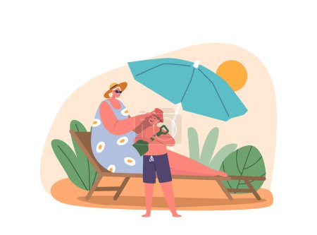 Illustration for Mother Placed A Panama Hat On Her Young Sons Head As They Enjoyed Their Time On The Beach, Protecting Him From The Sun In Style. Mom and Kid Family Characters. Cartoon People Vector Illustration - Royalty Free Image