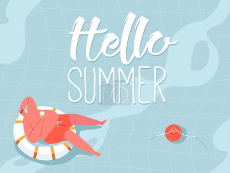 Illustration for Hello Summer Banner with Happy Fat Male Character Floating on Inflatable Ring with Beer Mug. Relax on Resort or Hotel, Swimming Pool, Ocean or Sea on Holidays Vacation. Cartoon Vector Illustration - Royalty Free Image