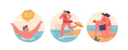 Illustration for Isolated Round Icons or Avatars. Beach Guard and Drowning Child Characters. Patrol Ensure Safety Of Beachgoers By Monitoring The Water, Providing Rescue Services. Cartoon People Vector Illustration - Royalty Free Image