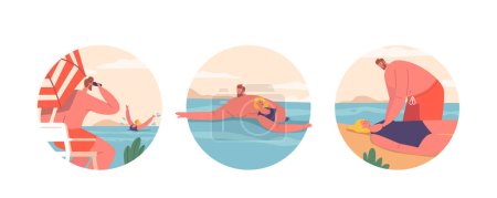 Illustration for Isolated Round Icons or Avatars of Lifeguard Characters On Beach. People Responsible For Ensuring Safety And Preventing Accidents. Provide First Aid, Emergencies. Cartoon Vector Illustration - Royalty Free Image
