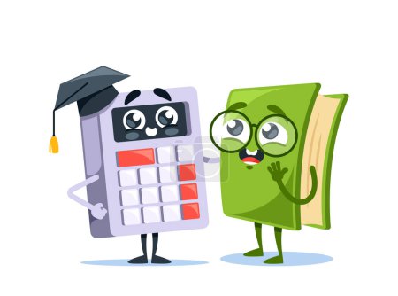 Illustration for Funny School Items Characters. Cartoon Calculator in Mortarboard, Nerdy, Number-crunching Gadget With A Quirky Personality. Textbook in Glasses, Wise And Witty Book For Students. Vector Illustration - Royalty Free Image