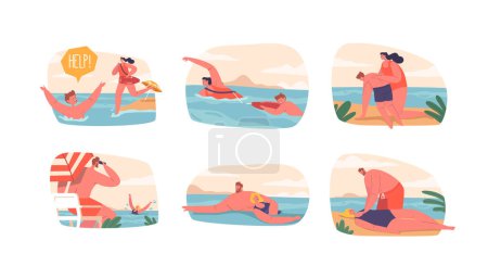 Illustration for Set of Dangerous Situations on the Beach. Guard Characters Ensure Safety Of Beachgoers By Monitoring The Water, Providing Rescue Services, Administering First Aid. Cartoon People Vector Illustration - Royalty Free Image