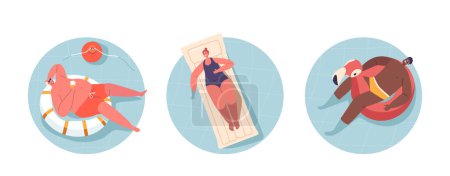 Ilustración de Iconos o avatares redondos aislados con personajes masculinos y femeninos flotando en colchones inflables de aire, disfrutando de vacaciones de verano, tomando el baño de sol y bronceado en el resort. Ilustración de vectores de dibujos animados - Imagen libre de derechos