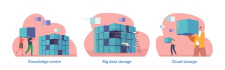 Ilustración de Elementos aislados con caracteres y almacenamiento de Big Data se refiere al proceso de almacenamiento y gestión de grandes volúmenes de datos, utilizando sistemas y tecnologías distribuidas. Dibujos animados Gente Vector Ilustración - Imagen libre de derechos