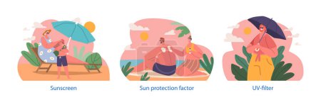 Ilustración de Elementos aislados con personajes aplican protector solar, usan sombreros y usan paraguas para protegerse de los efectos nocivos de los rayos Uv de los soles y reducen el daño en la piel. Dibujos animados Gente Vector Ilustración - Imagen libre de derechos