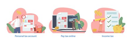 Illustration for Isolated Elements with Characters Provide Online Tax Payment Allows To Easily Fulfill Tax Obligations Through Secure Electronic Transactions, Saving Time And Reducing Paperwork. Vector Illustration - Royalty Free Image