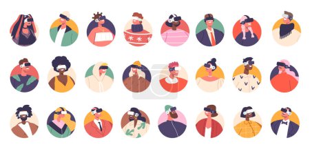 Illustration for Set of Character Avatar Wear Vr Glasses To Immerse In Virtual Reality Experiences, Allowing Them To Interact And Navigate Through Virtual Worlds. People Round icons. Cartoon Vector Illustration - Royalty Free Image