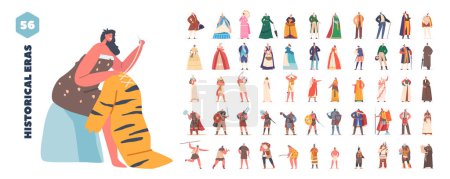 Ilustración de Gran conjunto de personajes masculinos y femeninos usan trajes antiguos. Viking, Knight, Egyptian Pharaoh, Victorian Lady and Gentleman, Native Indians, Primitve Tribes. Dibujos animados Gente Vector Ilustración - Imagen libre de derechos