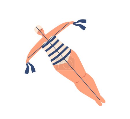 Téléchargez les illustrations : Cerf-volant en forme de femme en maillot de bain rayé, planant gracieusement dans le ciel, ajoutant une touche ludique et vibrante à la toile Skys. Cerf-volant d'inspiration rétro pour la joie et le plaisir. Illustration vectorielle de bande dessinée - en licence libre de droit