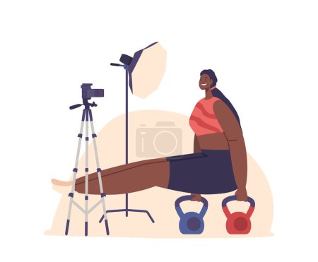 Illustration for Muscular Black Woman Character Workout With Kettle Bells In L Sit Position at Gym and recording Video Tutorial for Blog or Stream for Educating and Teaching Other People. Cartoon Vector Illustration - Royalty Free Image