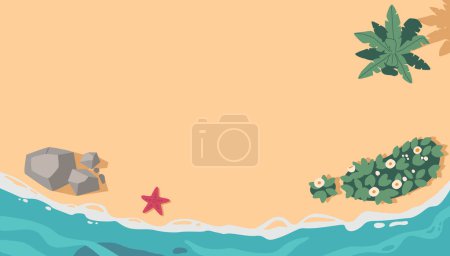 Illustration for Serene, Untouched Beach Top View. Golden Sand Stretches As Far As The Eye Can See, Meeting The Crystal-clear Turquoise Waters. A Tranquil Paradise Awaiting Exploration. Cartoon Vector Illustration - Royalty Free Image