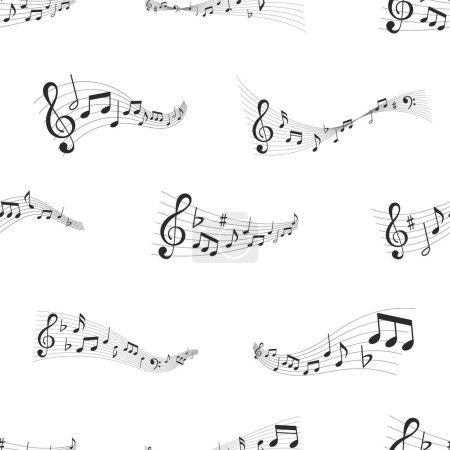 Illustration for Seamless Pattern With Music Waves, Musical Notes, Bass And Treble Clef Signs On Stave. Melody Swirls Monochrome Curve Waves On White Background. Vector Tile Repeated Ornament, Motif, Tile - Royalty Free Image