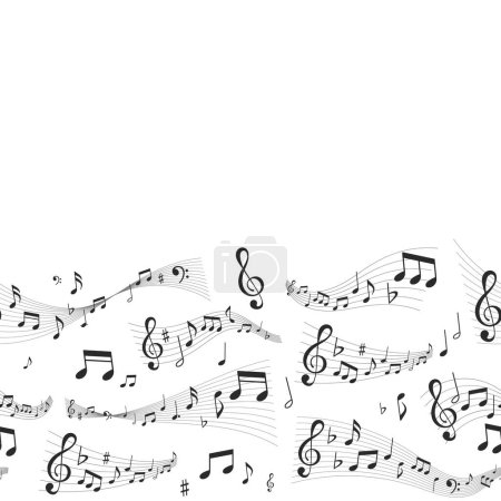 Illustration for Music Waves Seamless Background, Border or Frame with Copy Space. Vector Musical Notes And Treble Clef On Curvy Stave. Melody Sounds Symbols, Musical Notes Wave Swirls For Wallpaper, Textile or Decor - Royalty Free Image