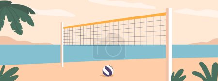 Ilustración de Vibrante escena de playa con una red de voleibol en la playa de arena con palmeras, invitando a los jugadores a participar en partidos amistosos en medio del sol, la arena y las aguas del océano espumosas. Ilustración de vectores de dibujos animados - Imagen libre de derechos
