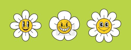 Illustration for Cartoon Smiling Retro Daisy Character Emoji. Toothy, Cheerful And Nostalgic Emoticons Featuring Cute Flowers With Retro Twist, For Adding A Touch Of Vintage Charm To Messages. Vector Illustration - Royalty Free Image