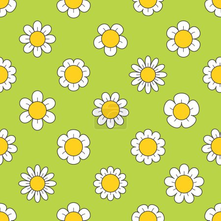 Illustration for Daisy Flower Seamless Pattern. A Delightful And Charming Design Featuring Camomiles In A Repeating Ornament, Tile For Creating A Cheerful And Whimsical Atmosphere. Cartoon Vector Illustration - Royalty Free Image